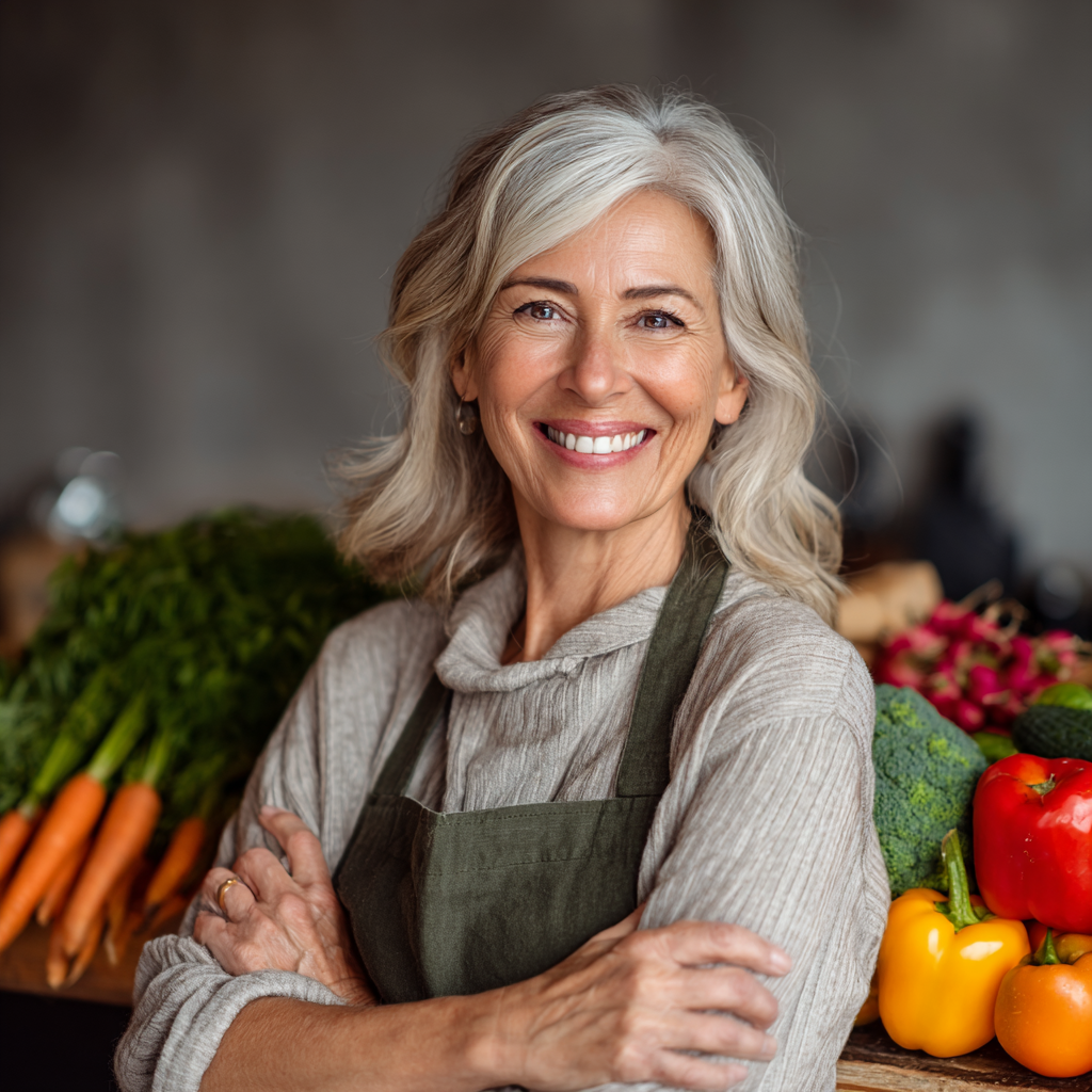 Confident woman in her fifties with fresh ingredients for meal preparation